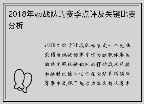 2018年vp战队的赛季点评及关键比赛分析